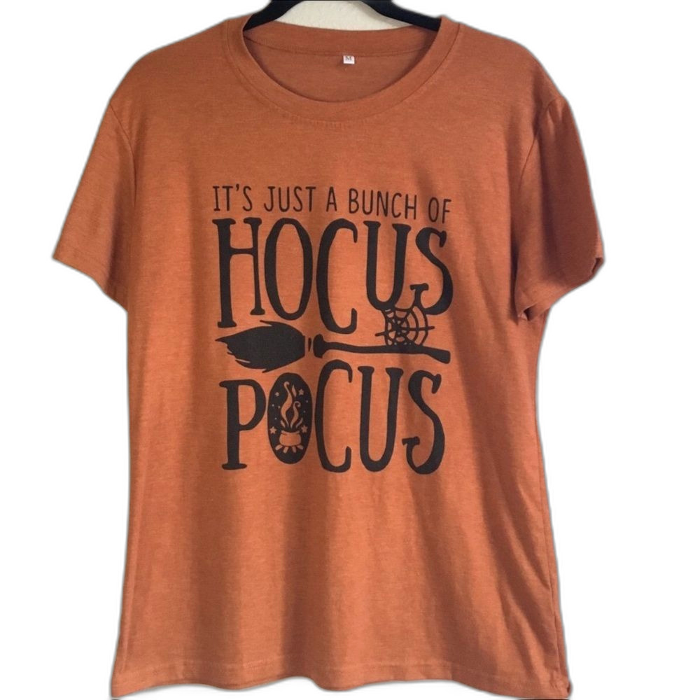 Orange Halloween tee “Just a bunch of Hocus Pocus” witchy broomstick spiderweb M